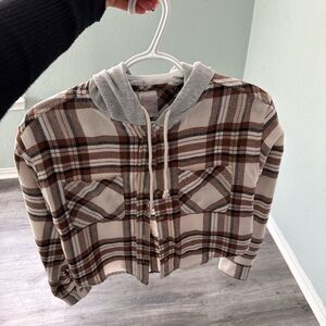 No Boundaries Brown and Cream Plaid Hooded Shirt